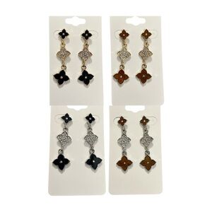 4pc Clover Black/Brown Silver & Gold Toned Earrings